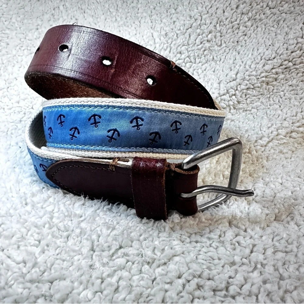 J. Crew Cotton Blue & Cream Anchor Nautical Leather Trim Silver Tone Buckle, 30